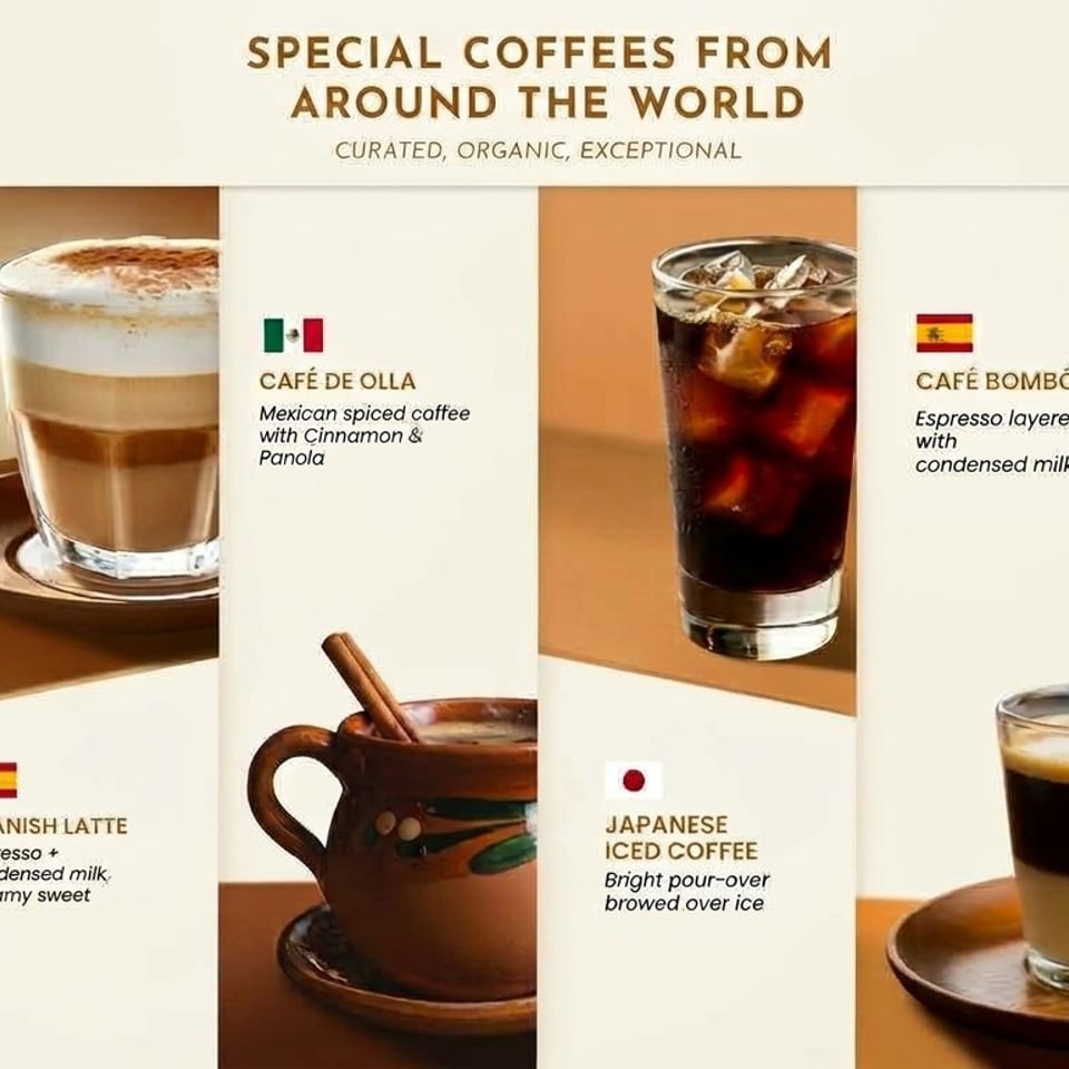 Earth Coffee menu featuring specialty coffees from around the world, including lattes, iced coffee, and layered espresso drinks.