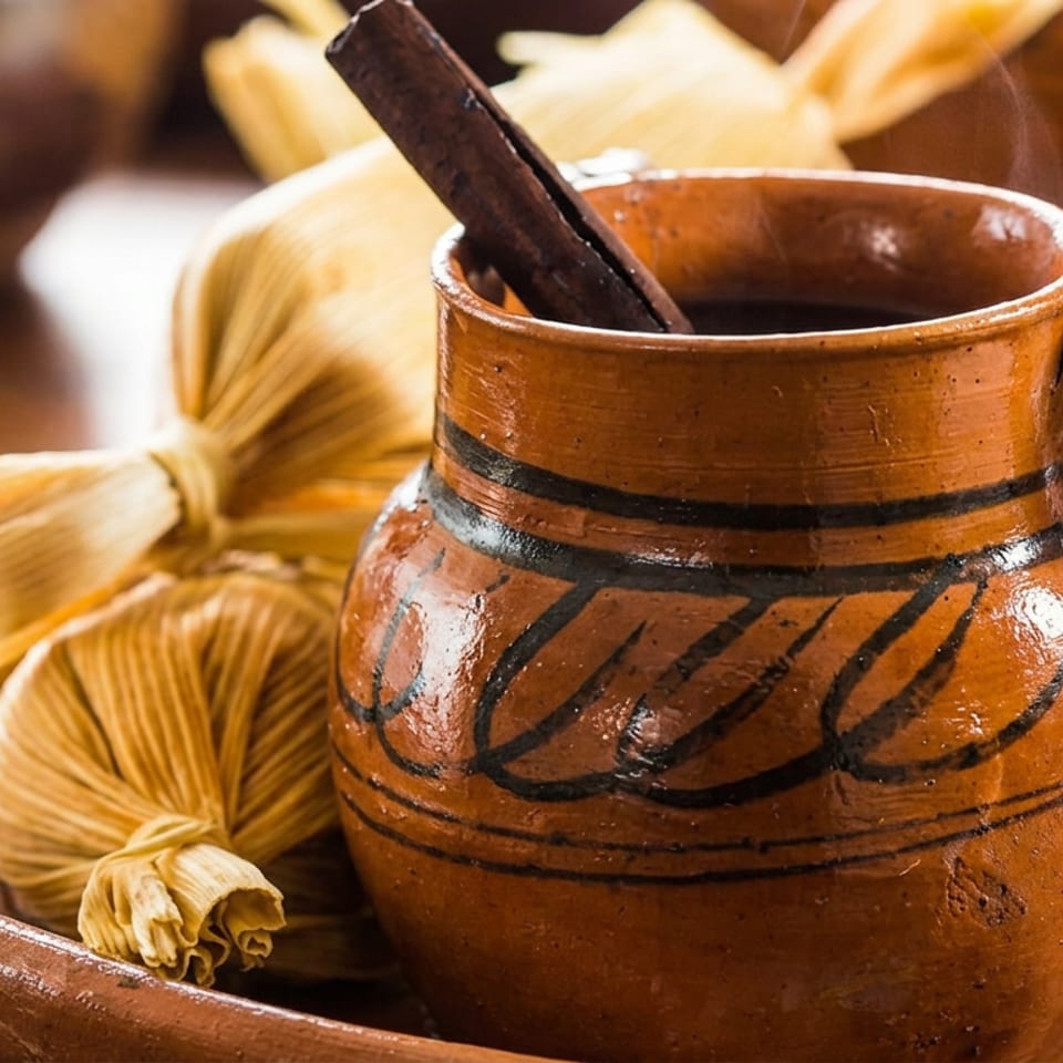 Traditional terracotta mug with dark drink and cinnamon stick, surrounded by bundled corn husks on a rustic wooden table.