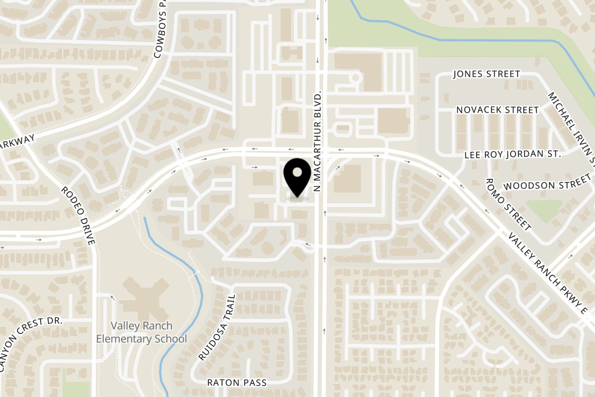 Map showing the location of Earth Coffee on 9965 N MacArthur Blvd Ste 110 in Irving